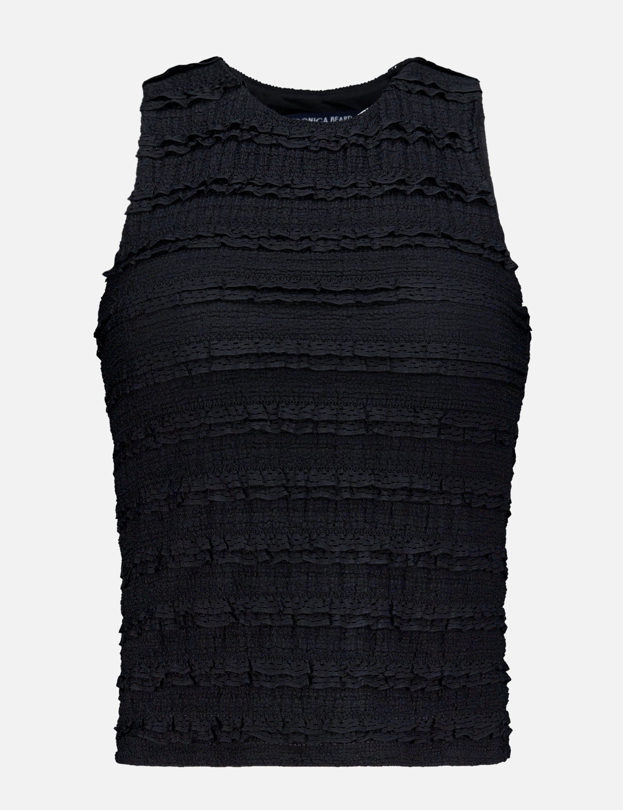 The Ruffled Cropped Jordyn Tank by VERONICA BEARD is a sleeveless black crop top made from stretch jersey, featuring a high neckline and horizontal micro-ruffles for a textured look, shown against a white background.