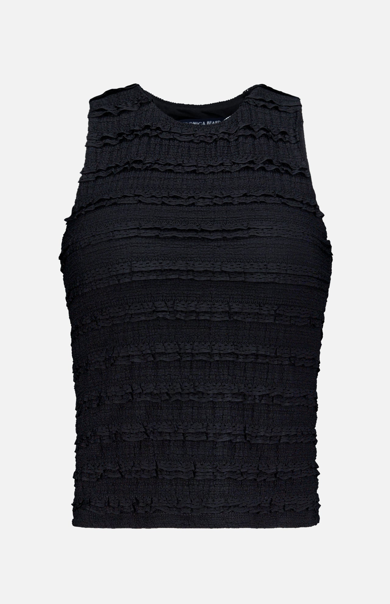 The Ruffled Cropped Jordyn Tank by VERONICA BEARD is a sleeveless black crop top made from stretch jersey, featuring a high neckline and horizontal micro-ruffles for a textured look, shown against a white background.