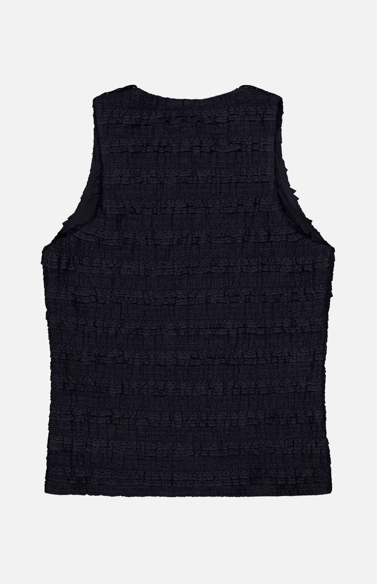 The VERONICA BEARD Ruffled Cropped Jordyn Tank is displayed flat on a white background, shown from the back. This sleeveless black tank features a textured finish and subtle micro-ruffles.