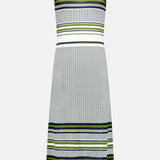 The Dawna Knit Midi Dress by VERONICA BEARD is a sleeveless, A-line midi with a white base and green, navy, and gray stripes. It features a fitted bodice, round neckline, knee-length hem, and seamless finish with no visible closures.