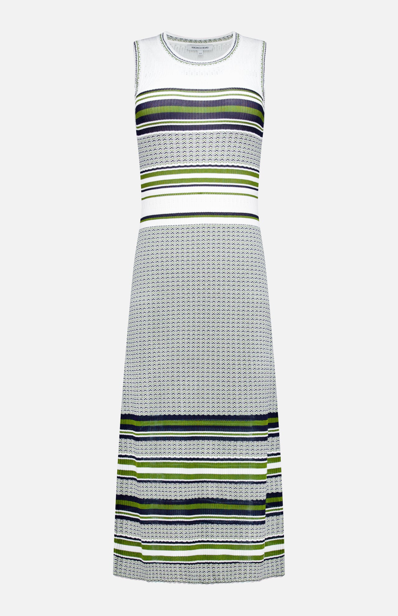 The Dawna Knit Midi Dress by VERONICA BEARD is a sleeveless, A-line midi with a white base and green, navy, and gray stripes. It features a fitted bodice, round neckline, knee-length hem, and seamless finish with no visible closures.