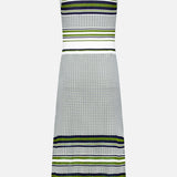 The Dawna Knit Midi Dress by VERONICA BEARD features a fitted bodice and flared A-line silhouette with variegated stripes in white, green, black, and gray on a textured knit, shown against a plain light background.