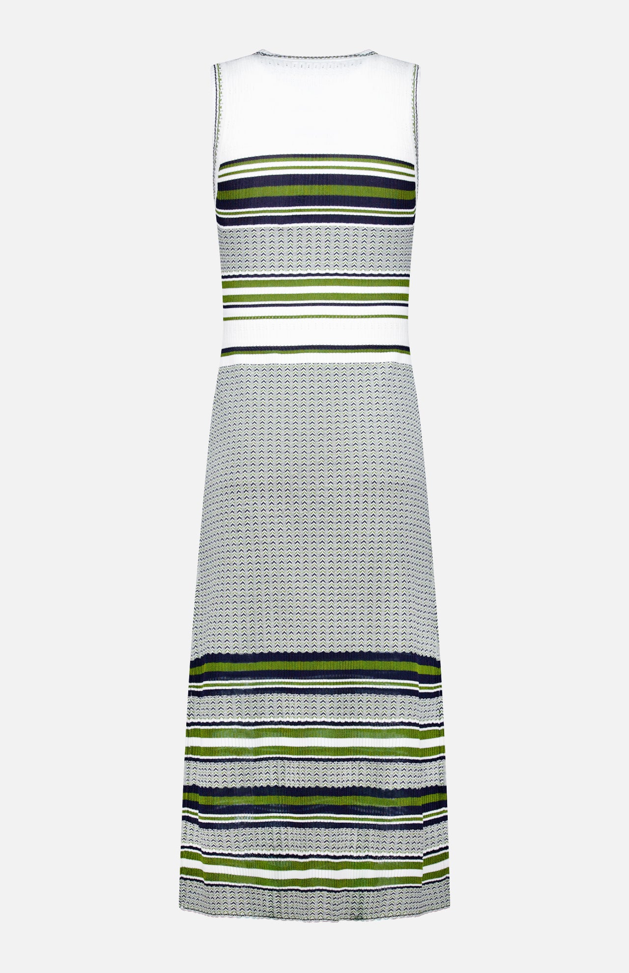 The Dawna Knit Midi Dress by VERONICA BEARD features a fitted bodice and flared A-line silhouette with variegated stripes in white, green, black, and gray on a textured knit, shown against a plain light background.
