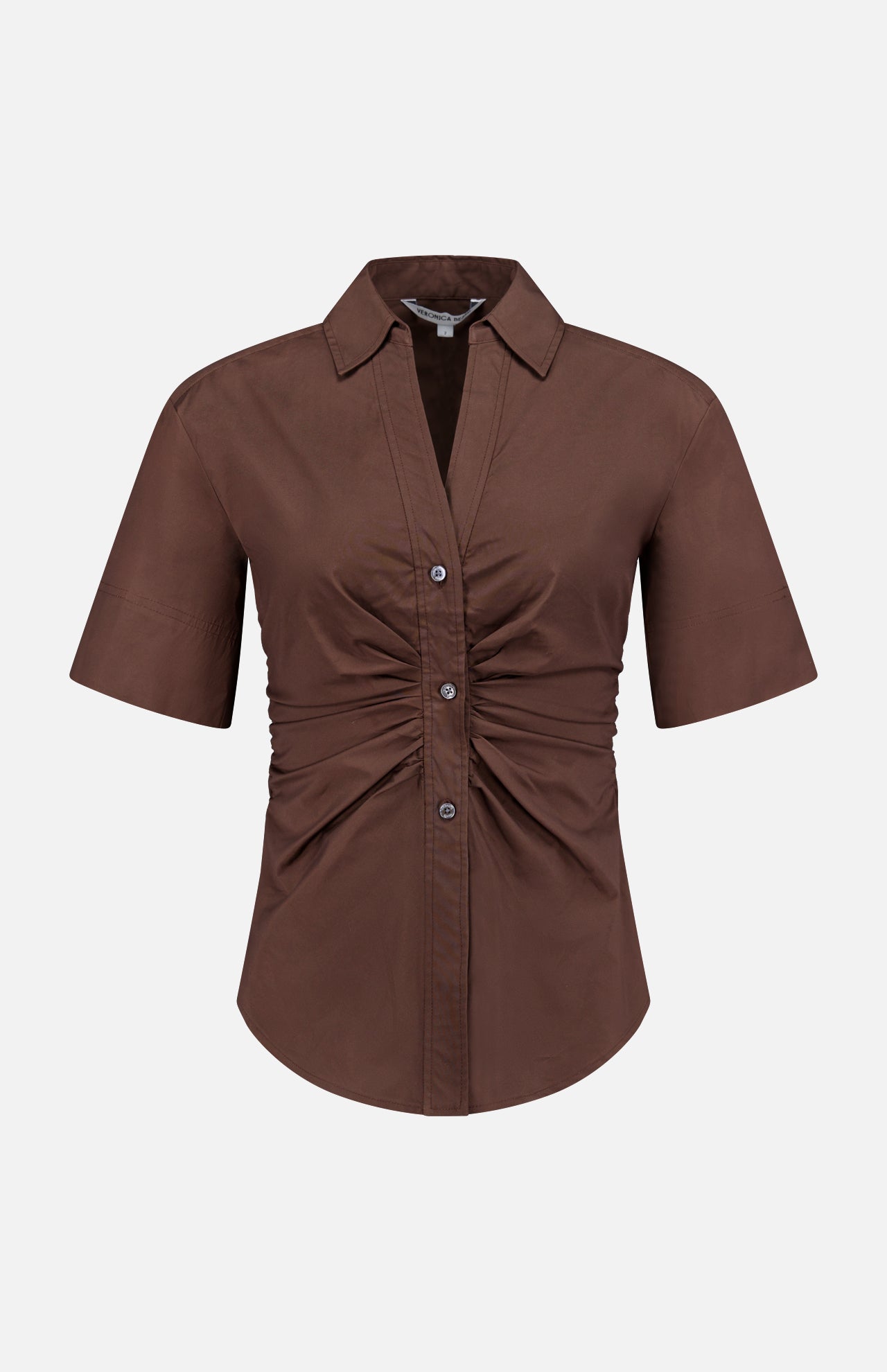 The Devra Short Sleeve Ruched Top by VERONICA BEARD is a brown, short-sleeved button-down with a collar and front-center ruching, crafted from stretch cotton poplin and shown on a plain white background.