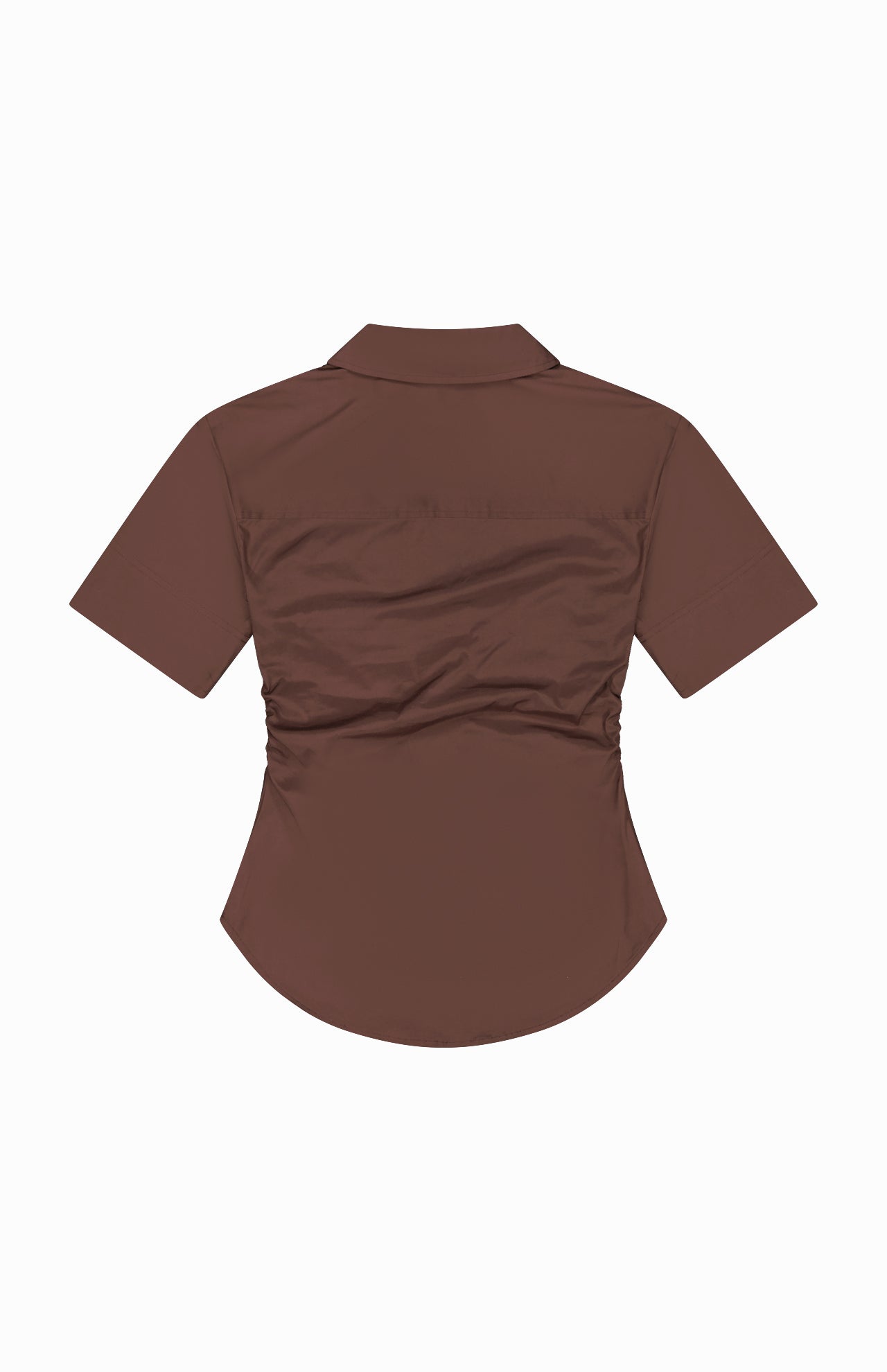 The Devra Short Sleeve Ruched Top by VERONICA BEARD is a brown stretch cotton poplin shirt, seen from the back, featuring waist-defining ruching and a slightly curved hem for a fitted silhouette.