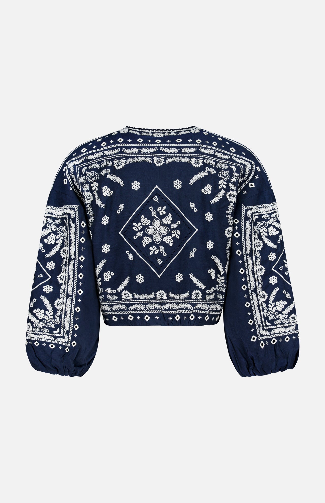 The Drake Embroidered Balloon Sleeve Jacket by VERONICA BEARD is a navy blouse with white floral and geometric embroidery on the back and sleeves, featuring a boxy fit and elastic cuffs—perfect for making a statement on any occasion.