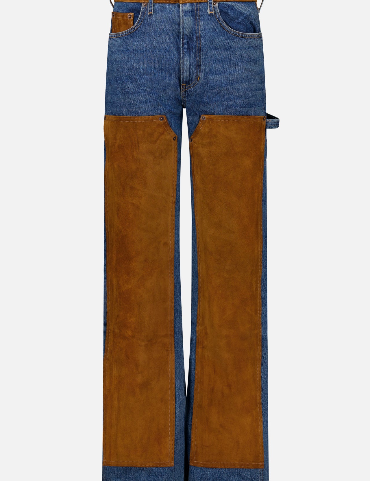 The Dylan High Rise Straight Leg Jean by VERONICA BEARD showcases blue denim in a high-rise straight-leg silhouette, accented with large brown suede panels on the front thighs and knees, as well as brown suede details on the waistband and pockets for a striking two-tone effect. Expertly crafted in the USA, these jeans blend classic style with distinctive texture and exceptional craftsmanship.