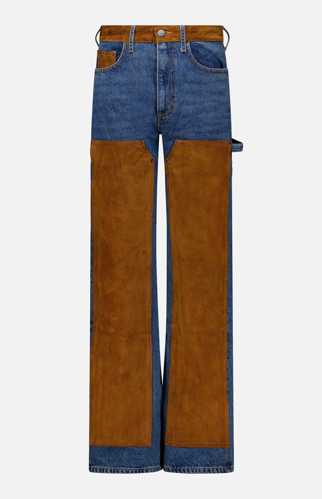 The Dylan High Rise Straight Leg Jean by VERONICA BEARD showcases blue denim in a high-rise straight-leg silhouette, accented with large brown suede panels on the front thighs and knees, as well as brown suede details on the waistband and pockets for a striking two-tone effect. Expertly crafted in the USA, these jeans blend classic style with distinctive texture and exceptional craftsmanship.