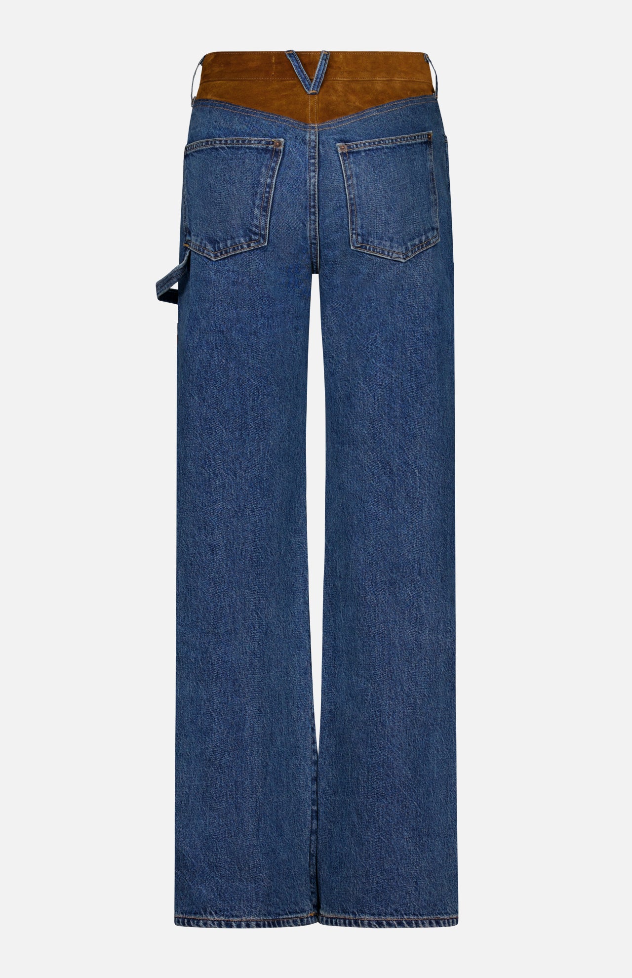 The Dylan High Rise Straight Leg Jean by VERONICA BEARD is crafted from high-rise denim in a timeless straight-leg silhouette. Seen from the back, these wide-leg blue jeans feature two rear pockets, a brown leather patch at the waistband, and a small loop detail on the side, blending classic style with a flattering fit.