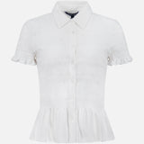 The Ellisandra Slim Smocked Top by VERONICA BEARD is a white button-down blouse featuring short sleeves, collared neckline, ruffled sleeve edges, peplum hem, and a smocked bodice for added texture.
