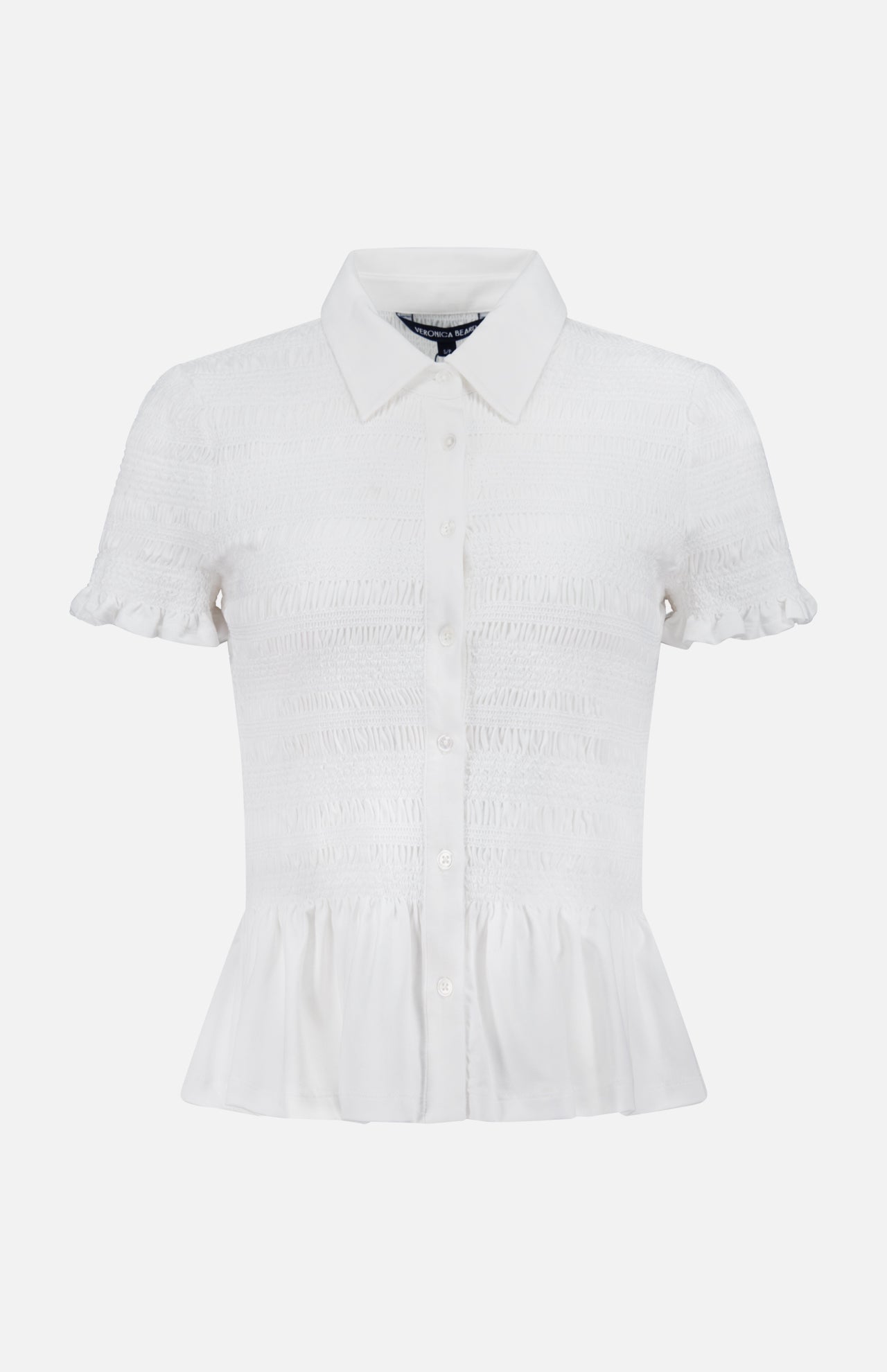 The Ellisandra Slim Smocked Top by VERONICA BEARD is a white button-down blouse featuring short sleeves, collared neckline, ruffled sleeve edges, peplum hem, and a smocked bodice for added texture.