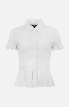 The Ellisandra Slim Smocked Top by VERONICA BEARD is a white button-down blouse featuring short sleeves, collared neckline, ruffled sleeve edges, peplum hem, and a smocked bodice for added texture.