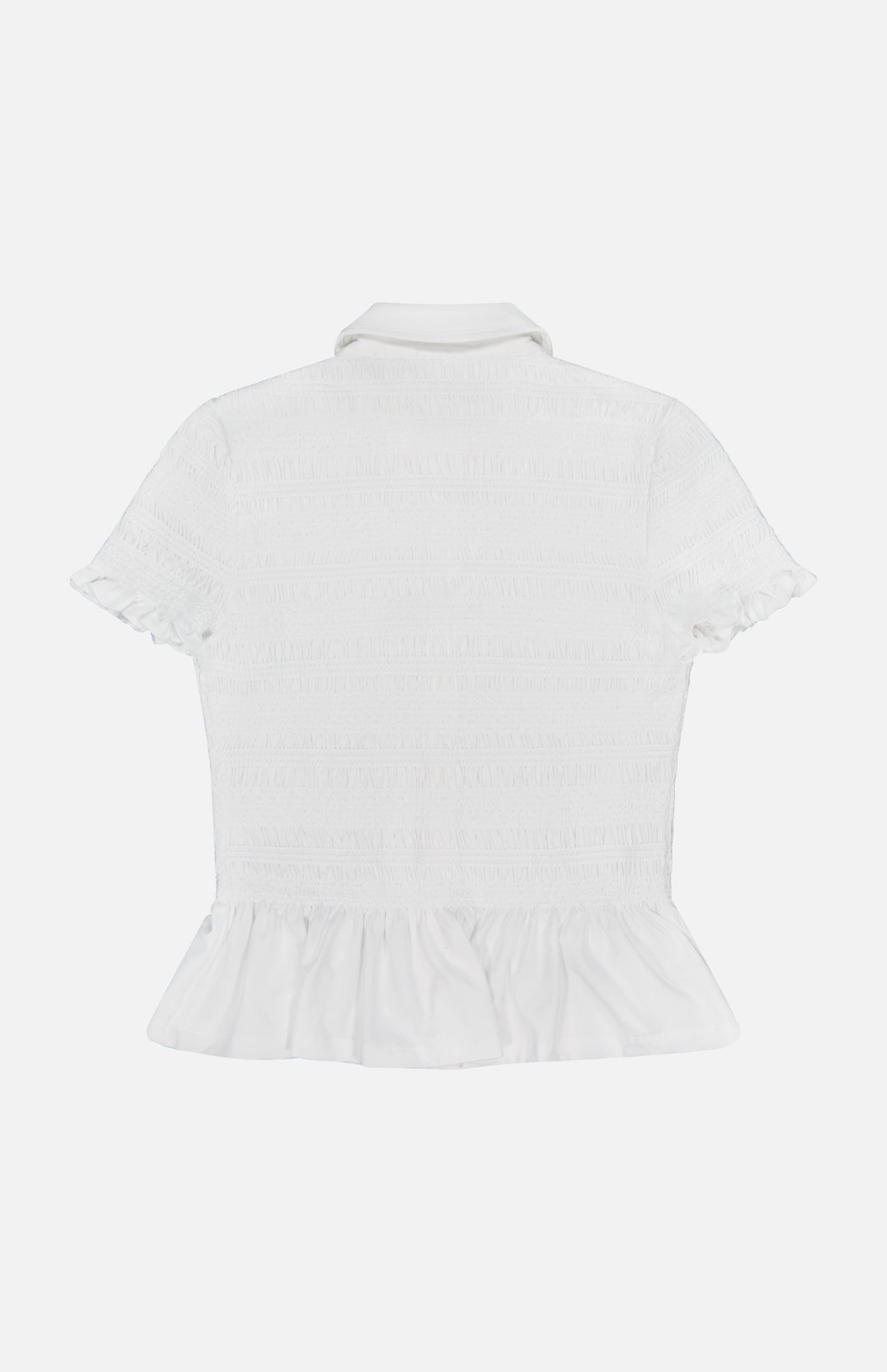 Back view of the VERONICA BEARD Ellisandra Slim Smocked Top in white, featuring a collar, subtle textured pattern, ruffled sleeve edges, and a peplum-style ruffled hem.