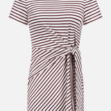 The Elvaris Cinch Waist Mini Dress by VERONICA BEARD is a short-sleeve, knee-length style with maroon and white stripes, a round neckline, and a side knotted tie at the waist.