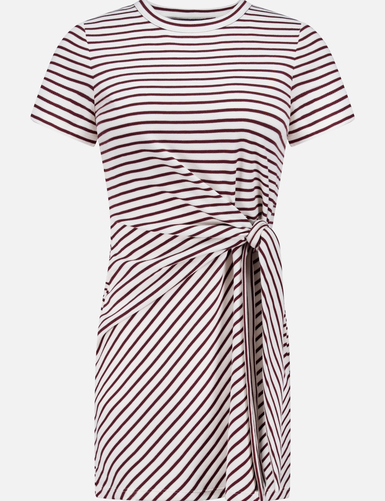 The Elvaris Cinch Waist Mini Dress by VERONICA BEARD is a short-sleeve, knee-length style with maroon and white stripes, a round neckline, and a side knotted tie at the waist.