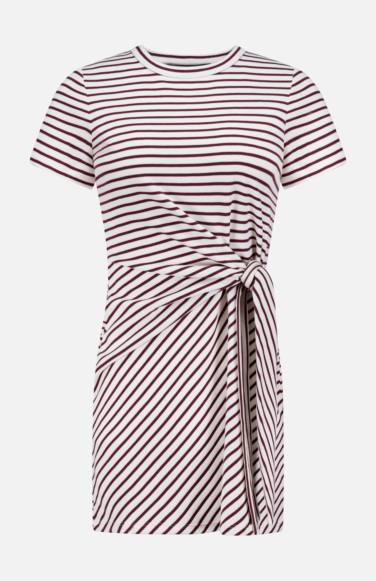 The Elvaris Cinch Waist Mini Dress by VERONICA BEARD is a short-sleeve, knee-length style with maroon and white stripes, a round neckline, and a side knotted tie at the waist.