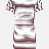 The VERONICA BEARD Elvaris Cinch Waist Mini Dress features short sleeves and horizontal maroon and white stripes. Shown from the back, knee-length style, set against a plain white background.