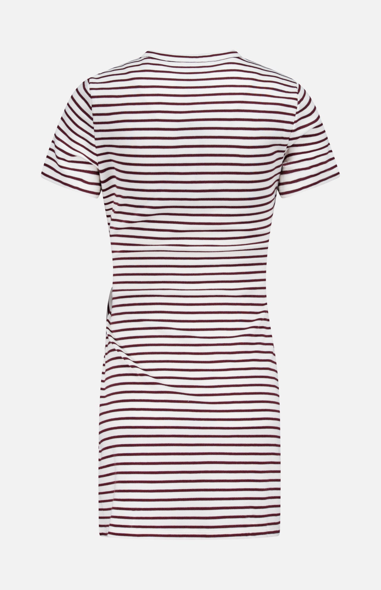 The VERONICA BEARD Elvaris Cinch Waist Mini Dress features short sleeves and horizontal maroon and white stripes. Shown from the back, knee-length style, set against a plain white background.