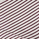 Close-up of the Elvaris Cinch Waist Mini Dress by VERONICA BEARD, featuring thin diagonal maroon stripes on a white background and part of the round neckline at the top left.
