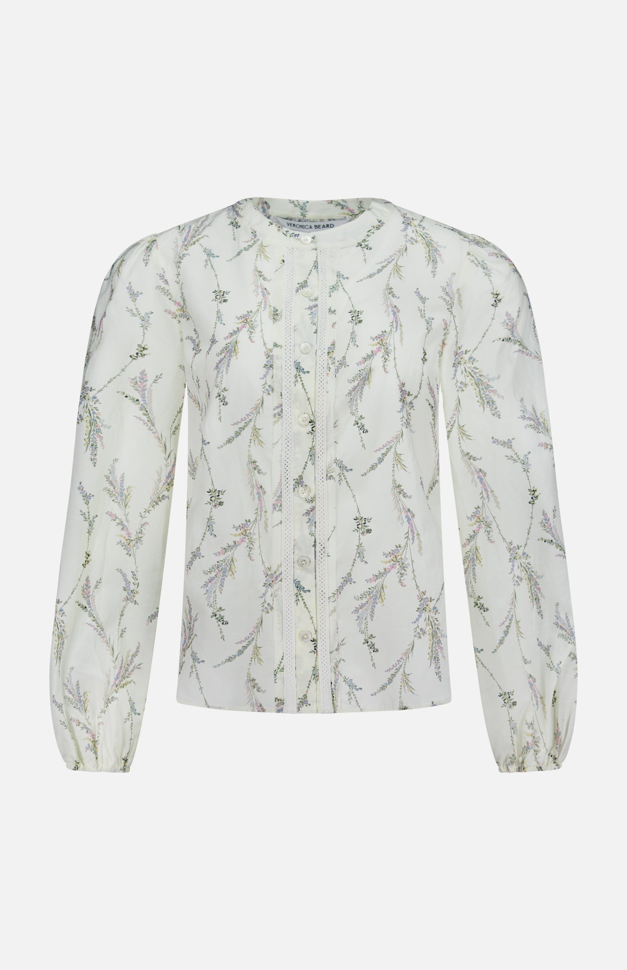 The Emiko Floral and Lace Blouse by VERONICA BEARD is an ivory cotton-silk voile long-sleeve with a prairie floral motif, round neckline, pintuck front, and puffed sleeves finished with elastic cuffs.