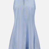 The Florenz Striped Shift Dress by VERONICA BEARD is a sleeveless cotton mini dress with light blue stripes, a flared hem, pointed collar, partial front button placket, and single large neckline button—effortlessly chic for summer.