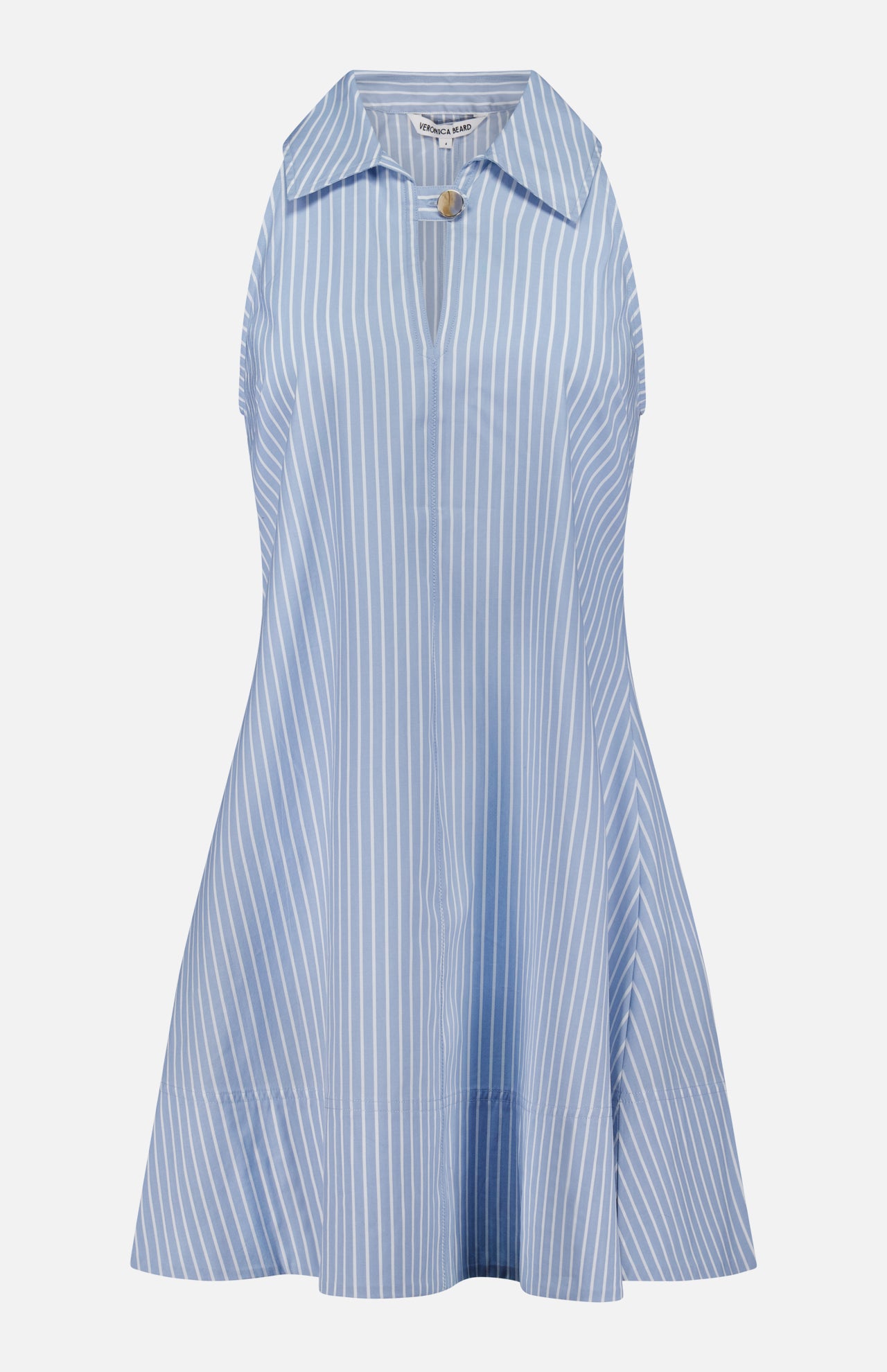 The Florenz Striped Shift Dress by VERONICA BEARD is a sleeveless cotton mini dress with light blue stripes, a flared hem, pointed collar, partial front button placket, and single large neckline button—effortlessly chic for summer.