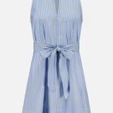 The VERONICA BEARD Florenz Striped Shift Dress features a sleeveless, light blue striped design with a v-neckline, wide collar, fabric waist belt, and flared knee-length skirt—perfect for a chic summer look.