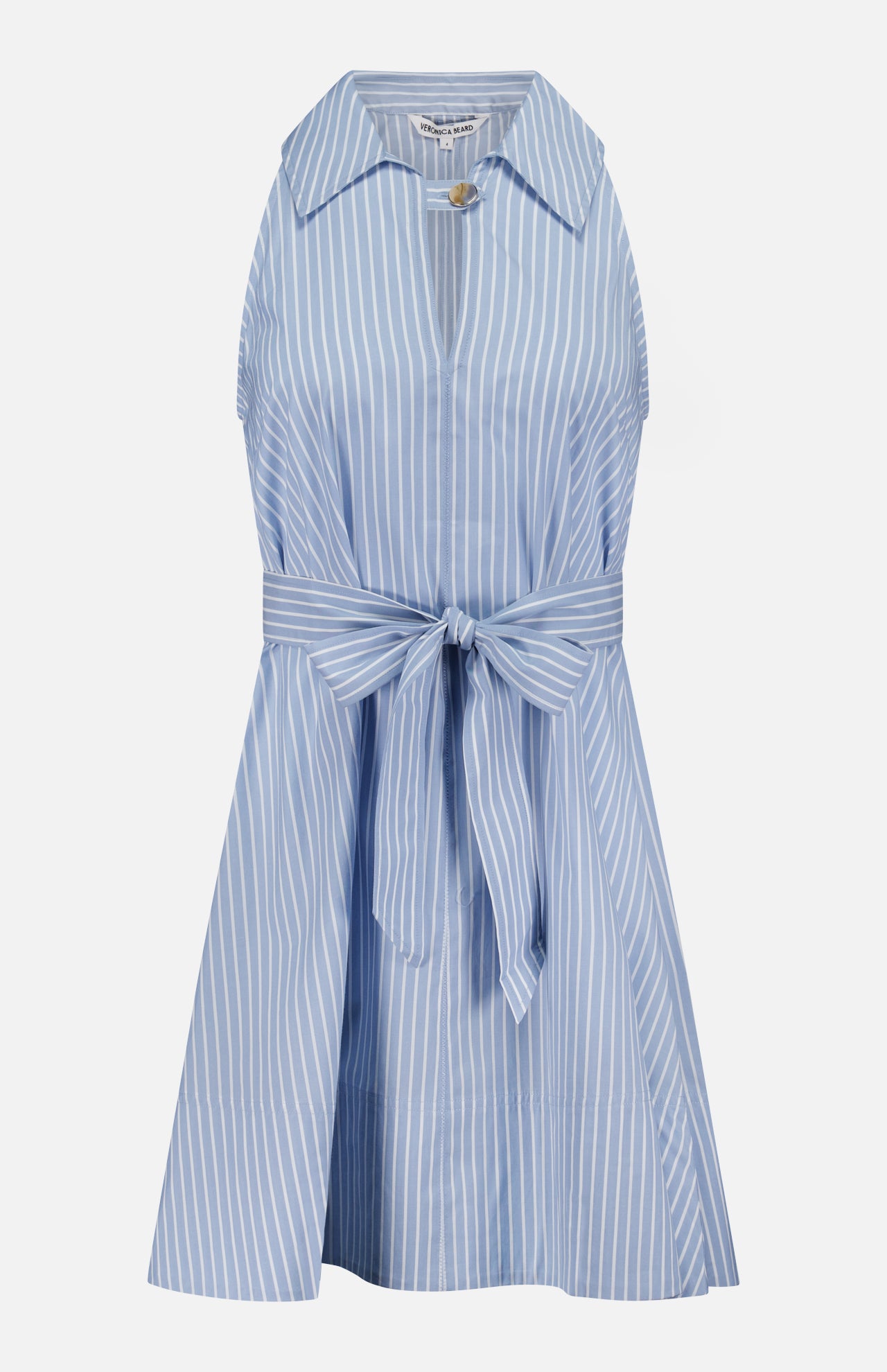 The VERONICA BEARD Florenz Striped Shift Dress features a sleeveless, light blue striped design with a v-neckline, wide collar, fabric waist belt, and flared knee-length skirt—perfect for a chic summer look.