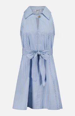 The VERONICA BEARD Florenz Striped Shift Dress features a sleeveless, light blue striped design with a v-neckline, wide collar, fabric waist belt, and flared knee-length skirt—perfect for a chic summer look.