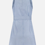 The VERONICA BEARD Florenz Striped Shift Dress is a sleeveless, light blue cotton mini dress with white vertical stripes, wide waistband, and collar—displayed on a plain white background. Ideal for summer collections.