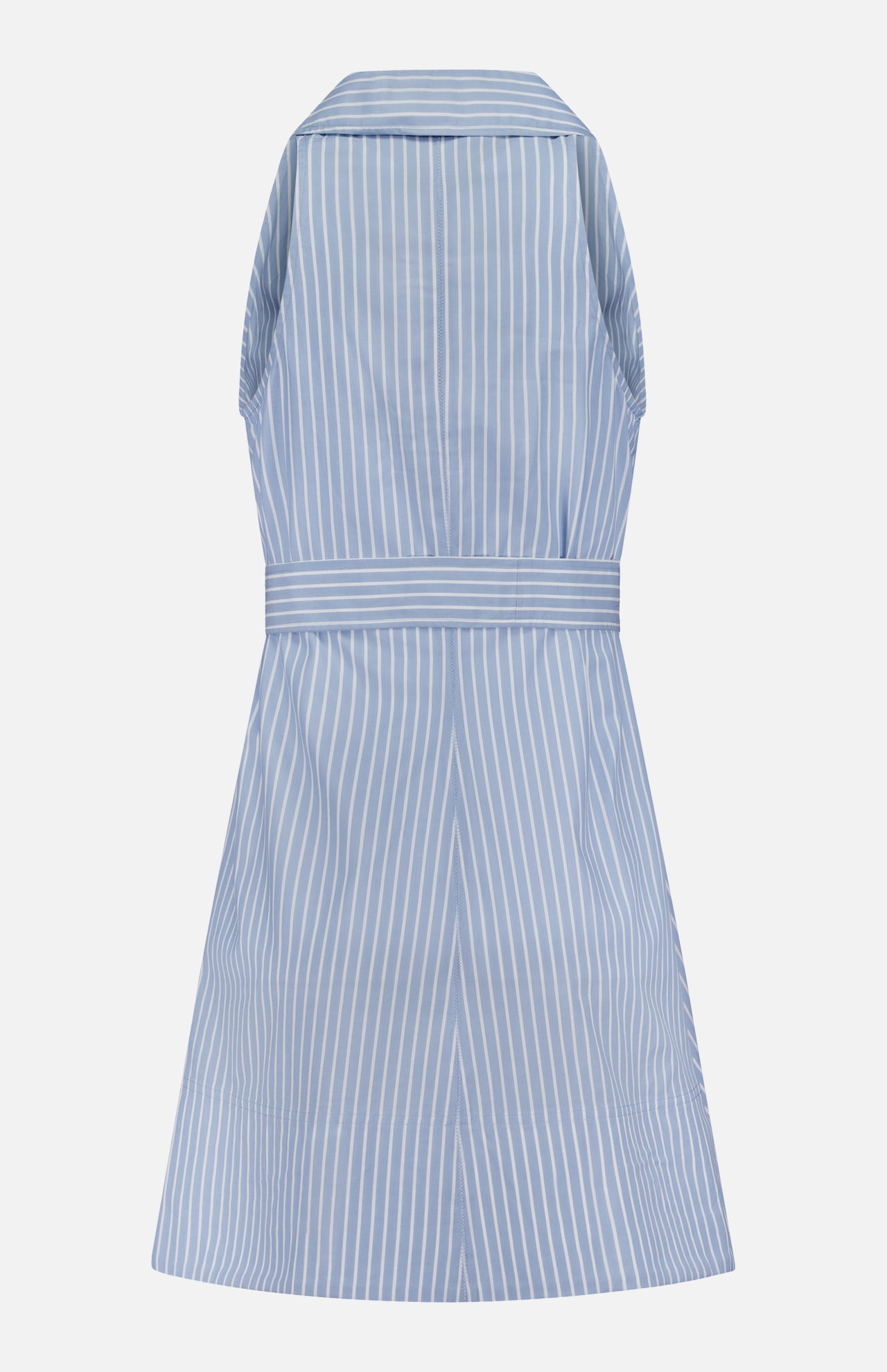 The VERONICA BEARD Florenz Striped Shift Dress is a sleeveless, light blue cotton mini dress with white vertical stripes, wide waistband, and collar—displayed on a plain white background. Ideal for summer collections.