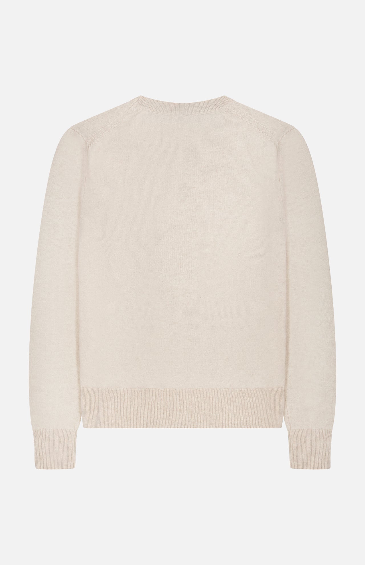 The Frankie Pearl Pin Pullover Sweater by VERONICA BEARD is displayed laid flat and viewed from the back, featuring a plain, light beige knit design with long sleeves and ribbed cuffs, hem, and neckline.