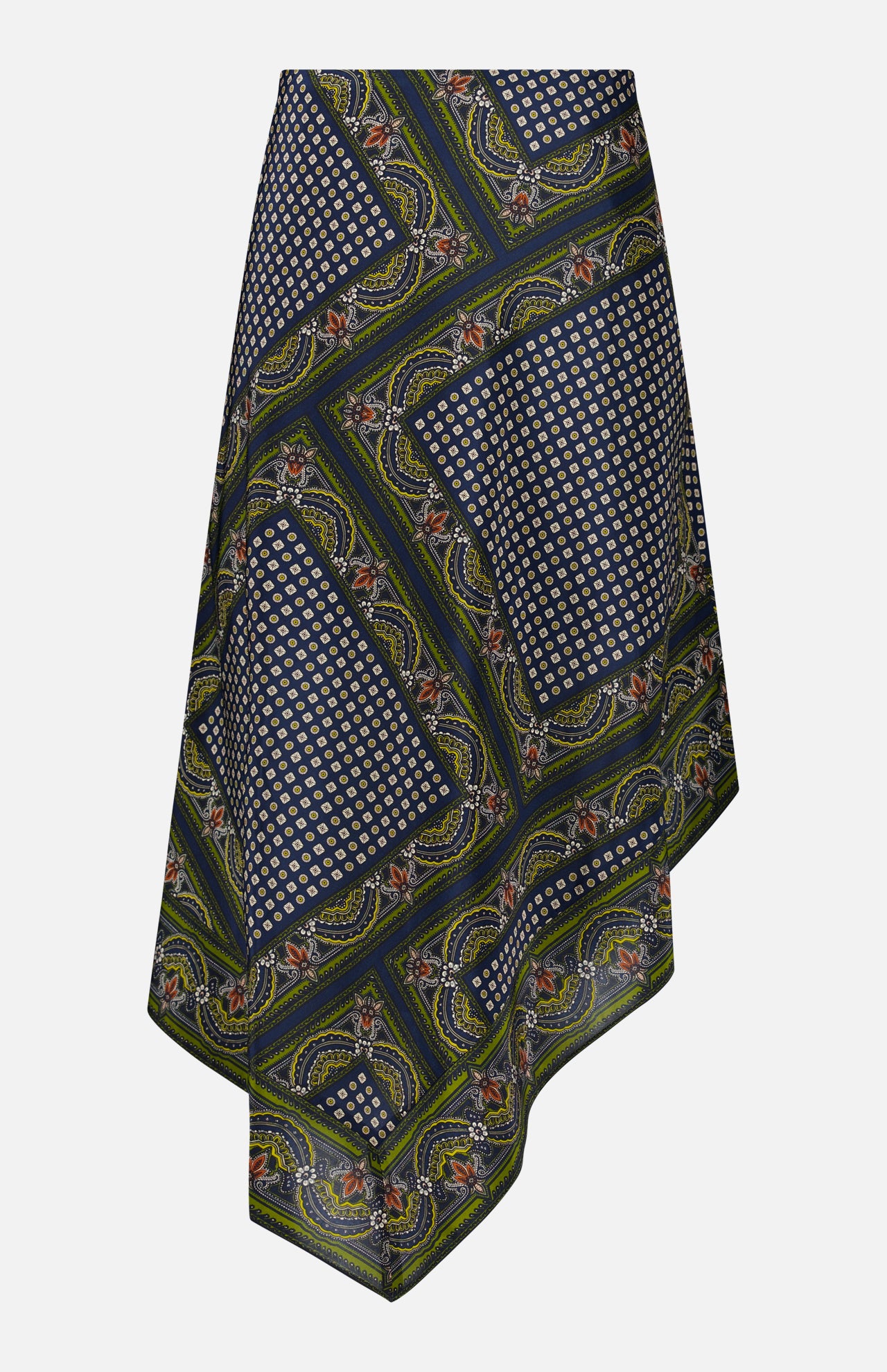 The Hartley Scarf Print Skirt by VERONICA BEARD is an asymmetrical silk midi skirt featuring a geometric and floral pattern in blue, green, yellow, and white, accented with small dots and swirling designs on a white background.