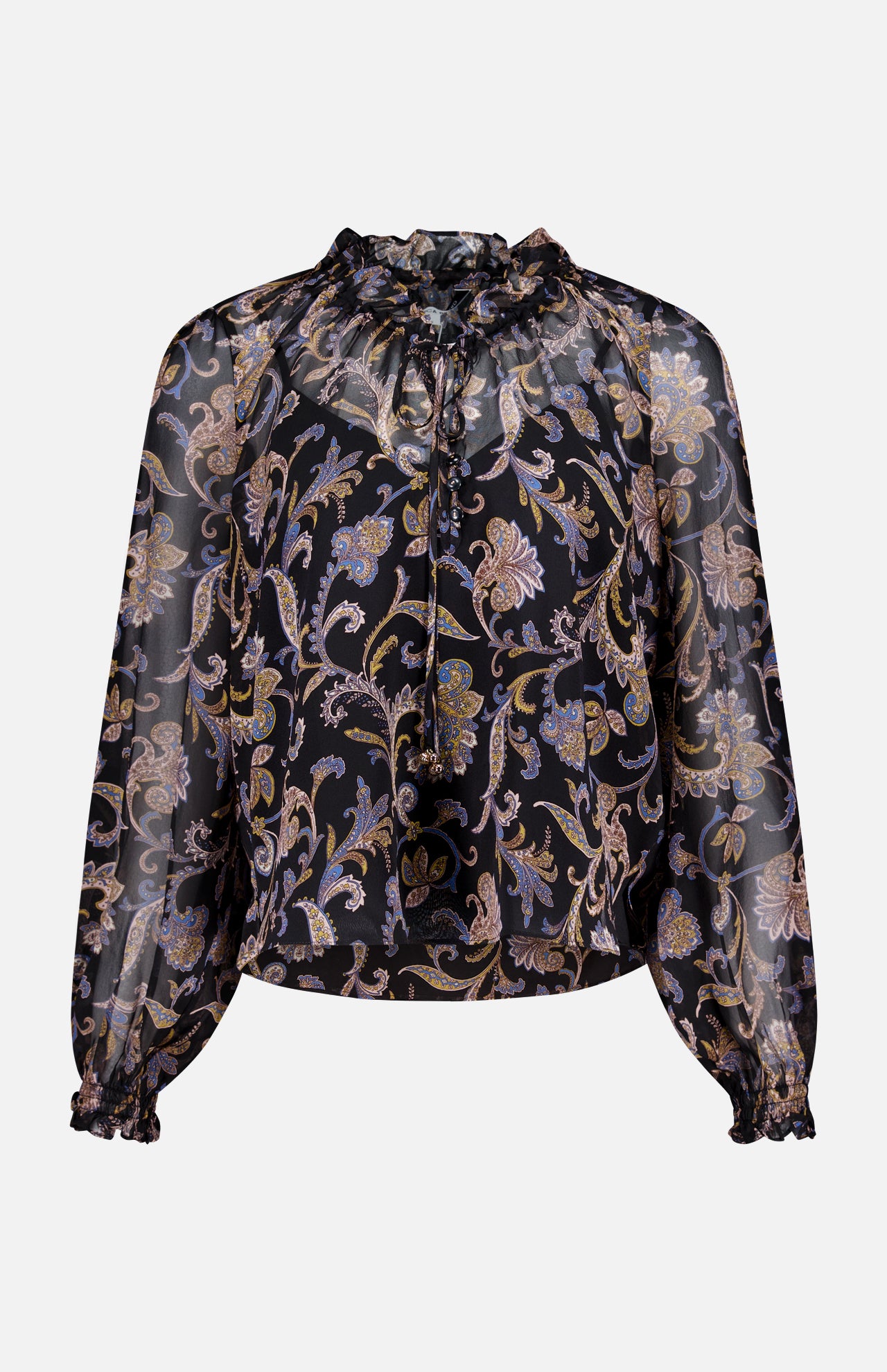 The VERONICA BEARD Silk Hickory Blouse is a sheer black paisley top with gold, blue, and beige floral accents, long sleeves, ruffled high neck with tie, and elastic cuffs for a chic bohemian style.