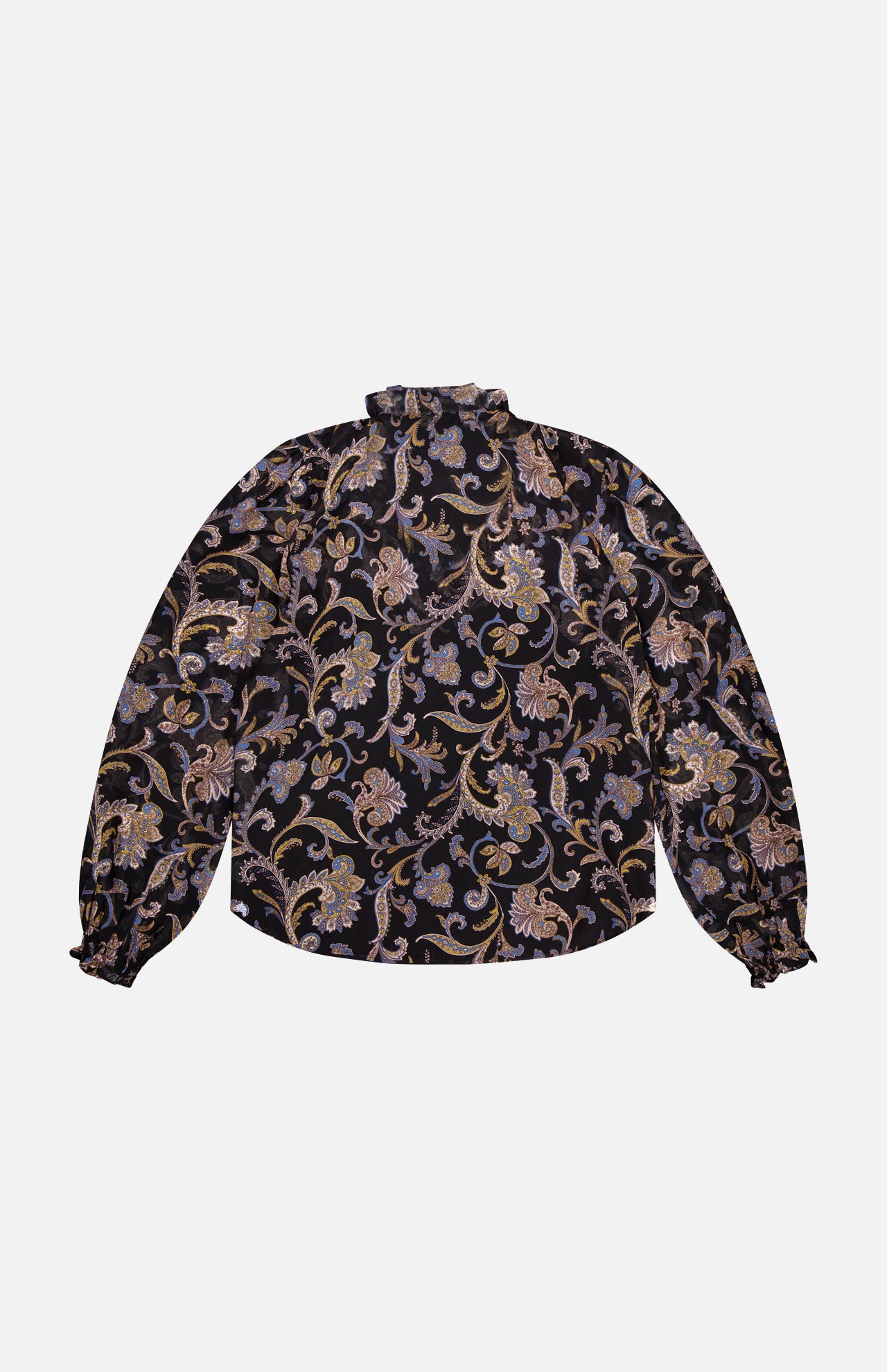 The VERONICA BEARD Silk Hickory Blouse is a long-sleeved silk georgette top with a high neck and ruffled cuffs, showcasing an ornate gold, lilac, and brown floral paisley pattern on a dark background.