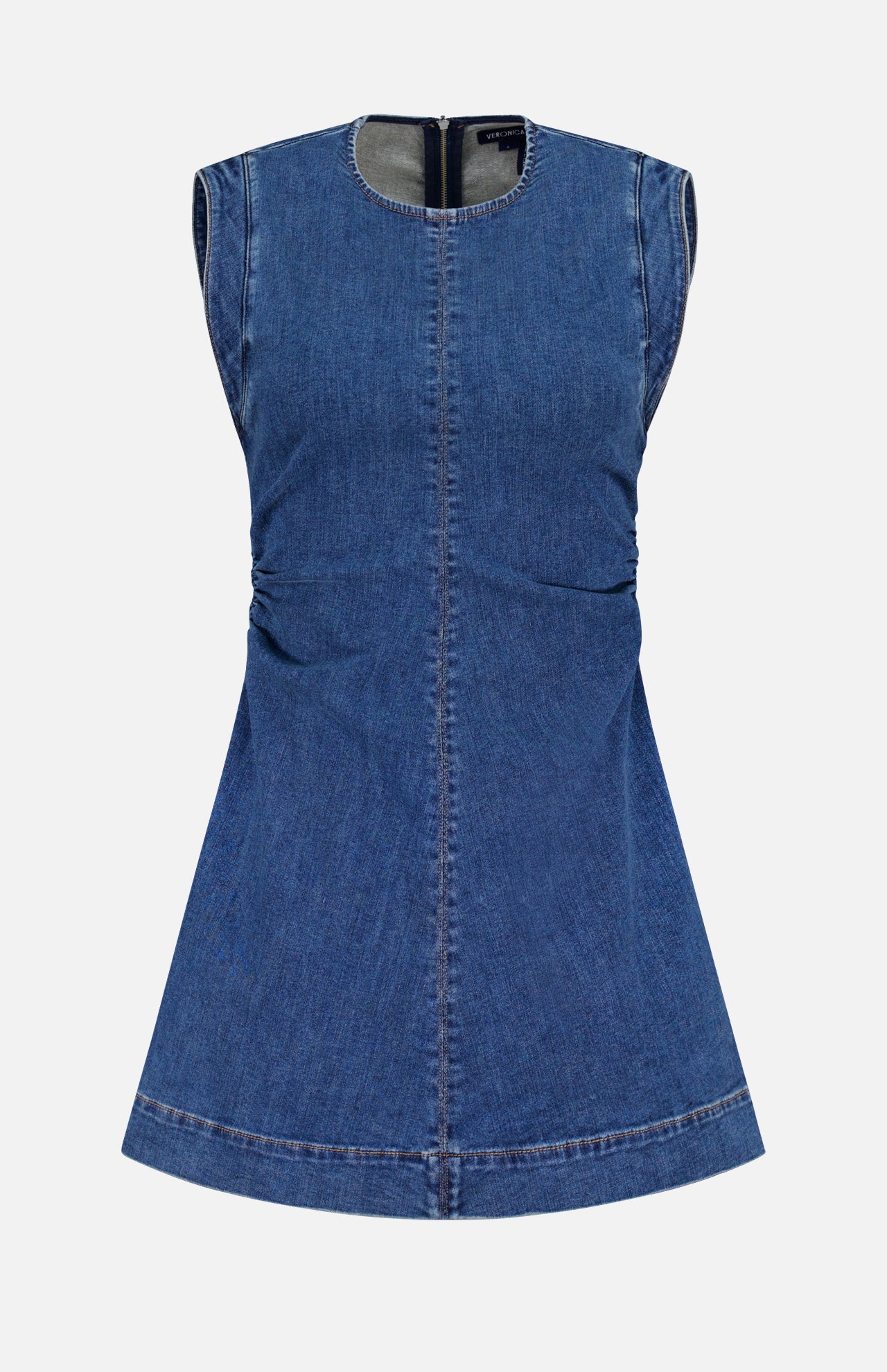 The Imara Denim Mini Dress by VERONICA BEARD is a sleeveless, tailored dark blue mini dress with a round neckline, fitted bodice, subtle waist ruching, and an A-line skirt, shown against a white background.
