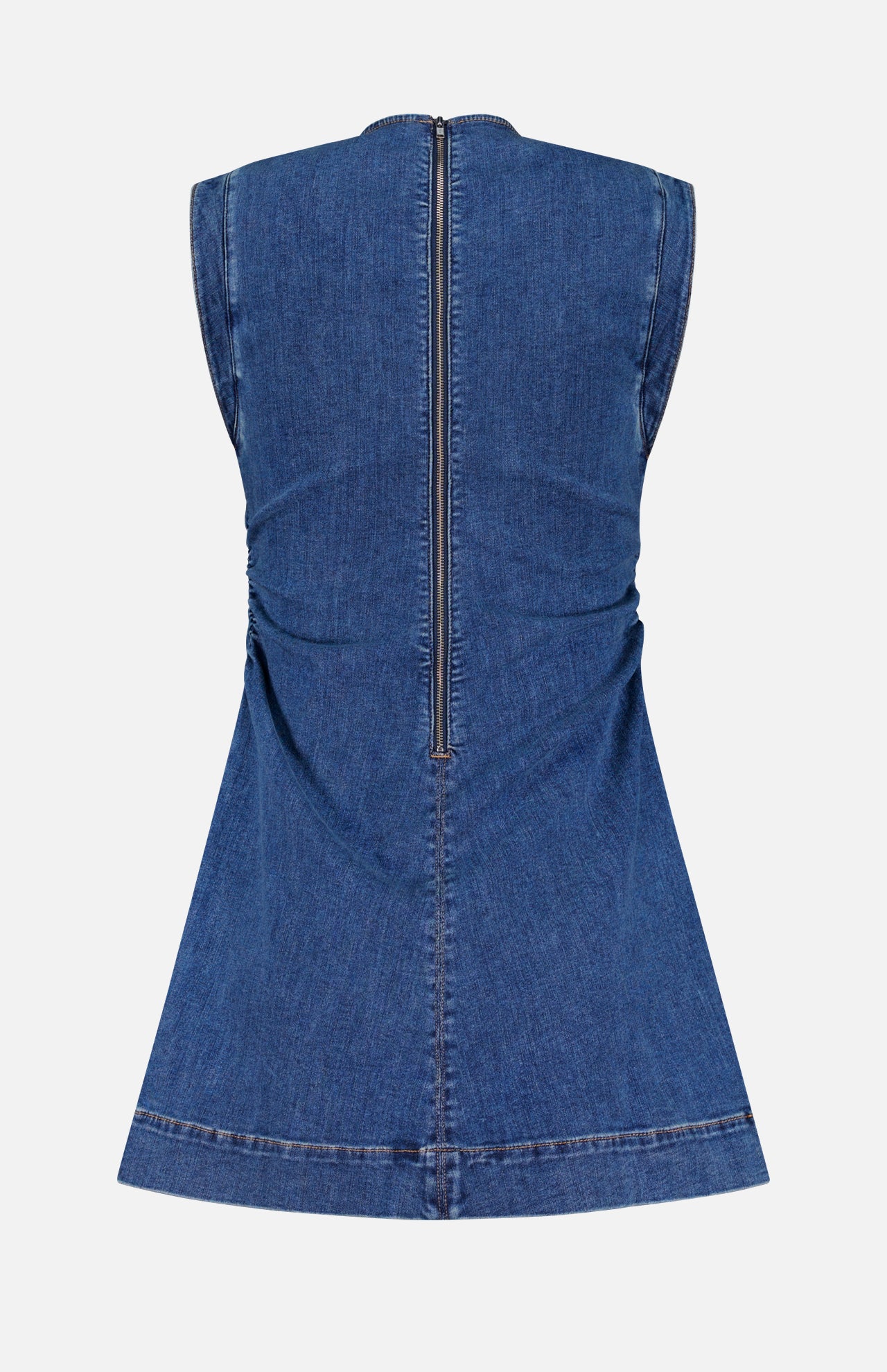 The Imara Denim Mini Dress by VERONICA BEARD is a sleeveless dark blue mini dress, shown from the back with a central visible zipper and subtle seam and hem stitching for a tailored finish.
