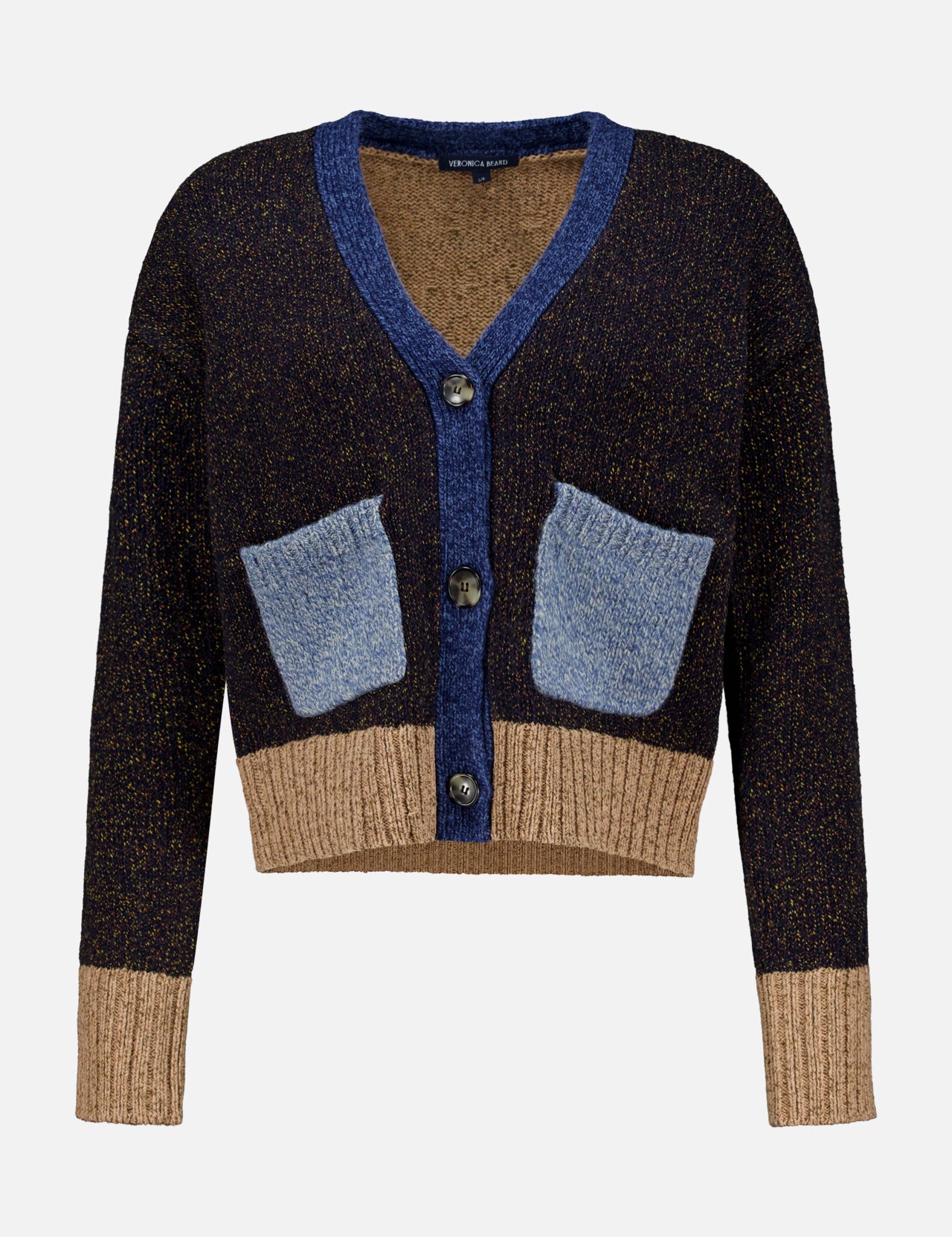 The Josiane Cardigan Sweater by VERONICA BEARD is a cropped, long-sleeve piece from our latest knitwear collection, designed with a relaxed cardigan fit. It features a dark brown body accented with blue trim and pockets, colorblock sweater details including contrasting brown cuffs and waistband, and is finished with three black buttons down the front.