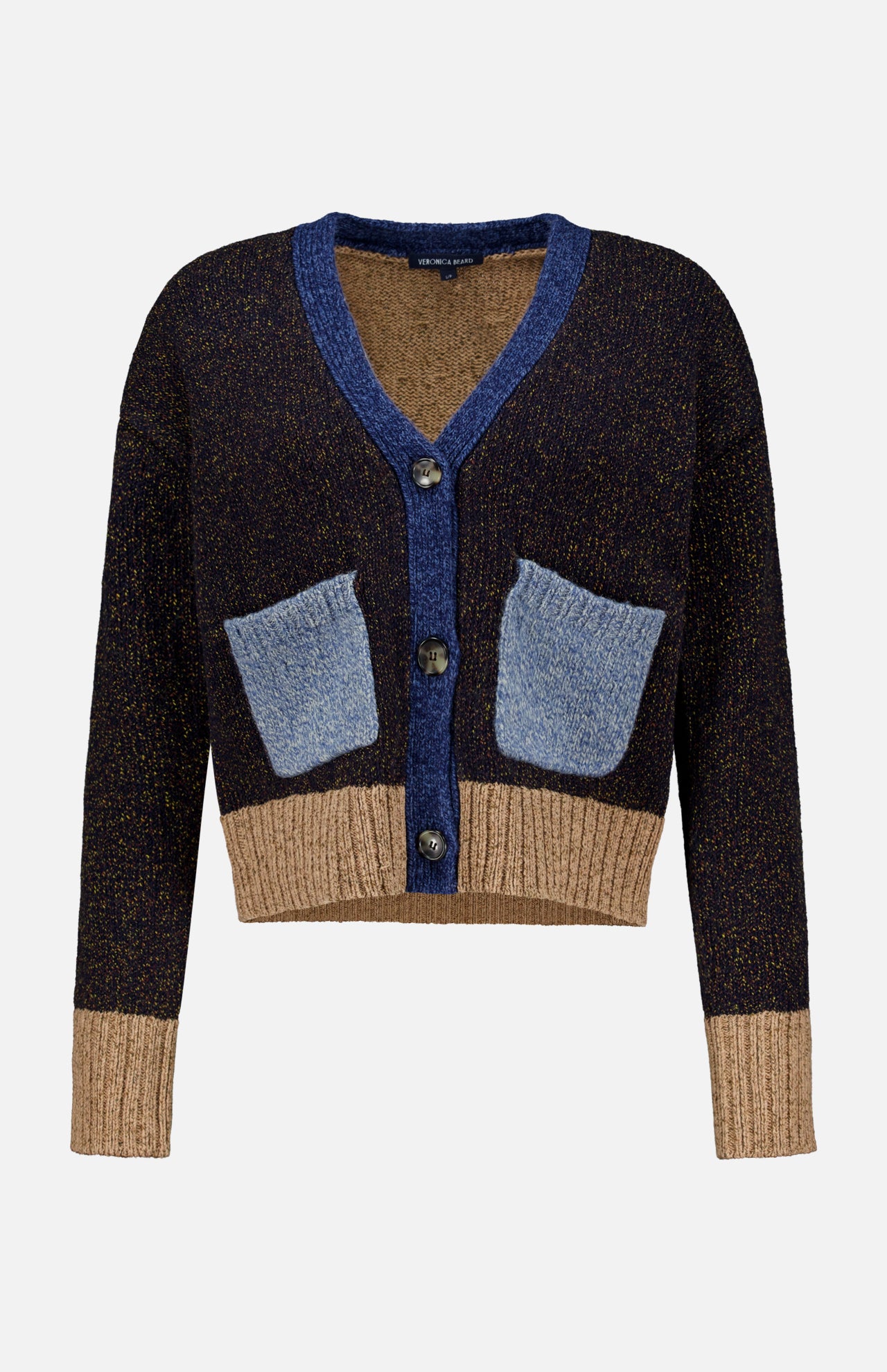 The Josiane Cardigan Sweater by VERONICA BEARD is a cropped, long-sleeve piece from our latest knitwear collection, designed with a relaxed cardigan fit. It features a dark brown body accented with blue trim and pockets, colorblock sweater details including contrasting brown cuffs and waistband, and is finished with three black buttons down the front.
