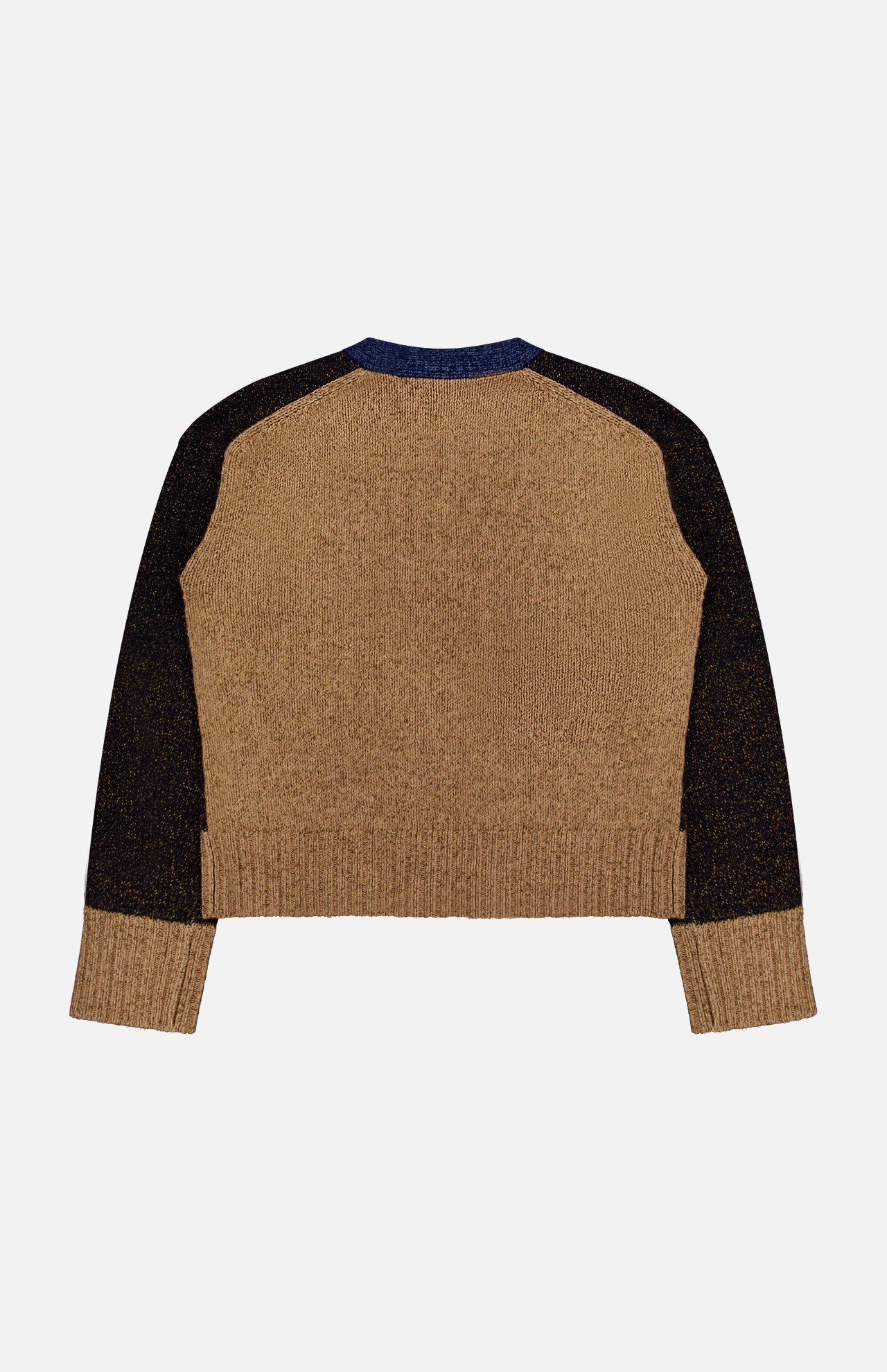 The Josiane Cardigan Sweater by VERONICA BEARD from the knitwear collection features a brown body with black sleeves, a blue neckline, and ribbed cuffs and waistband. This colorblock sweater is displayed laid flat on a white background, shown from the back.