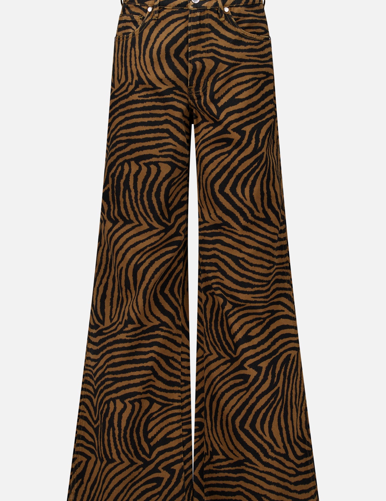 Kasey Ziger Print Pant featuring high-waisted, wide-leg jeans in a brown and black zebra animal print.