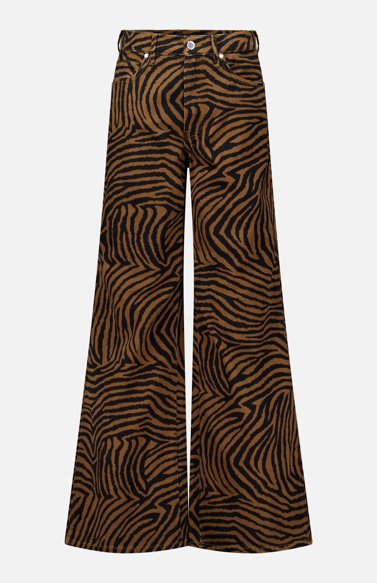 Kasey Ziger Print Pant featuring high-waisted, wide-leg jeans in a brown and black zebra animal print.