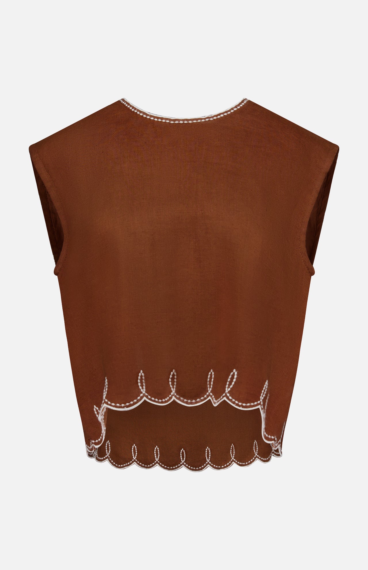 The Kessan Embroidered Linen Top by VERONICA BEARD features a sleeveless, brown design with white scalloped edges, decorative loops, and a straight neckline. Its lightweight, slightly sheer linen is perfect for warm days.
