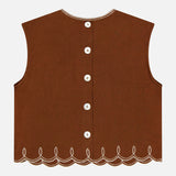 The Kessan Embroidered Linen Top by VERONICA BEARD is a brown sleeveless vest with white back buttons, scalloped embroidered hem, and a round neckline for effortless elegance.