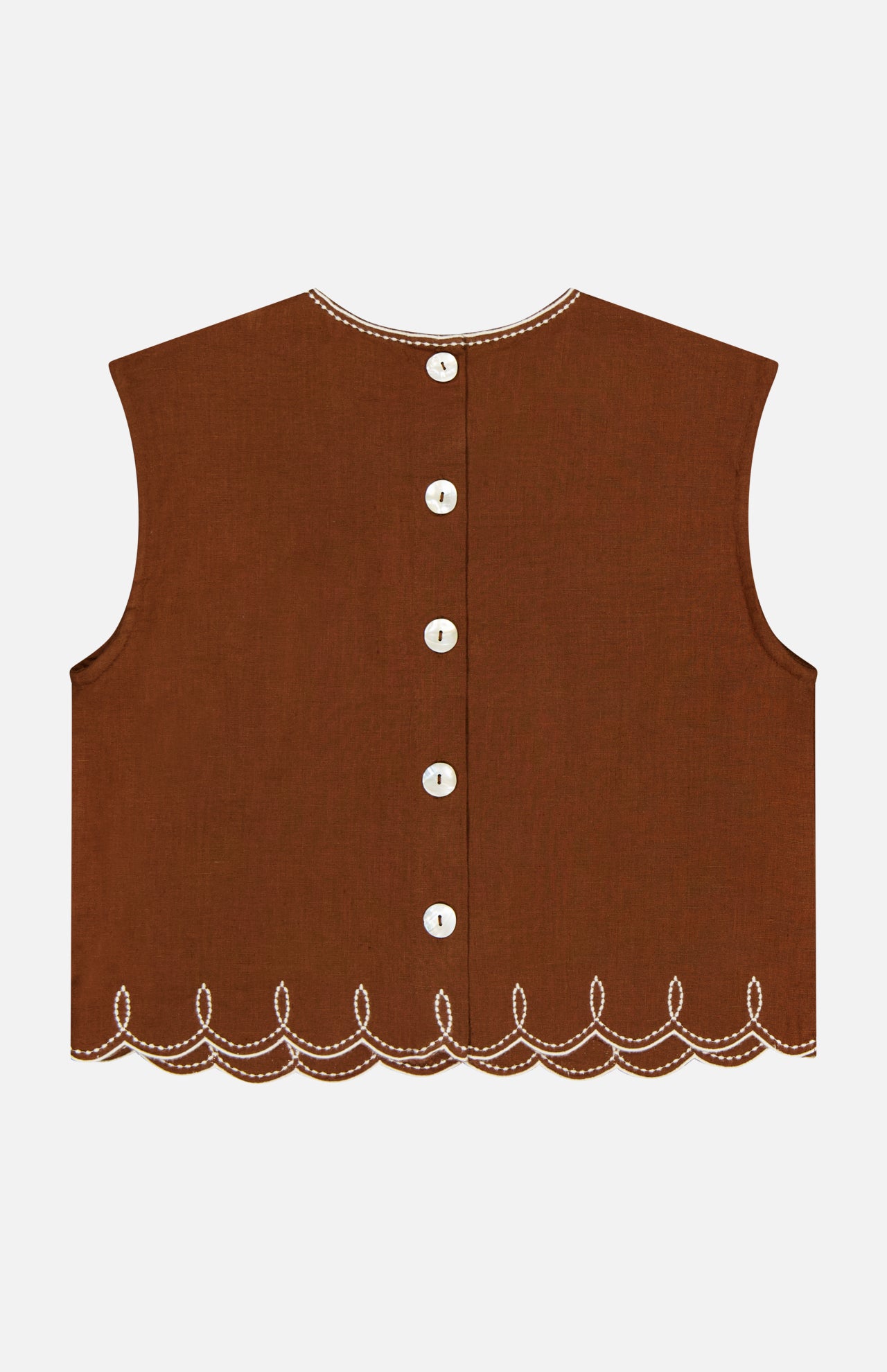 The Kessan Embroidered Linen Top by VERONICA BEARD is a brown sleeveless vest with white back buttons, scalloped embroidered hem, and a round neckline for effortless elegance.
