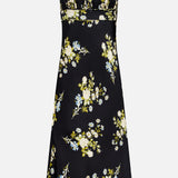 The Kieren Floral Maxi Dress by VERONICA BEARD is a sleeveless black maxi dress with thin straps, a fitted bodice, and a vibrant floral print in yellow, blue, and white. It features a sweetheart neckline with an under-bust cutout detail and a gently flared hem for an elegant finish.