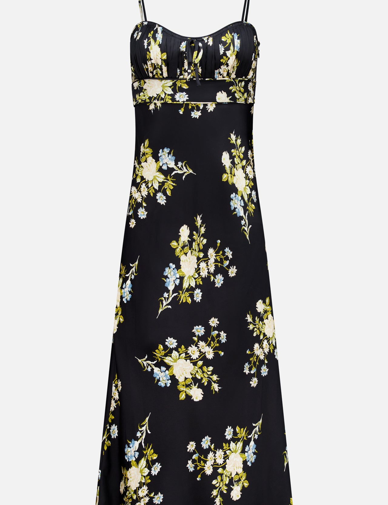 The Kieren Floral Maxi Dress by VERONICA BEARD is a sleeveless black maxi dress with thin straps, a fitted bodice, and a vibrant floral print in yellow, blue, and white. It features a sweetheart neckline with an under-bust cutout detail and a gently flared hem for an elegant finish.