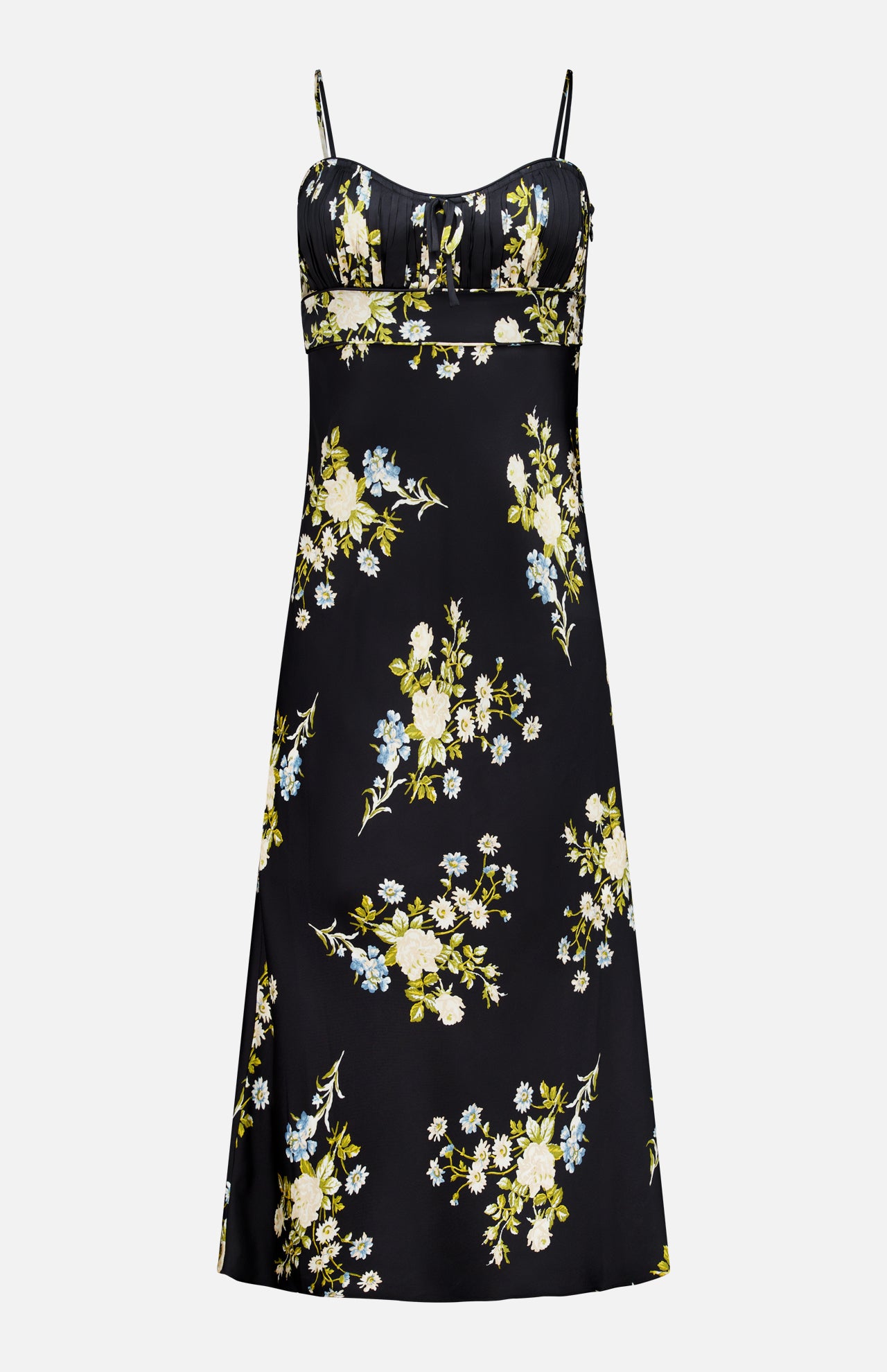 The Kieren Floral Maxi Dress by VERONICA BEARD is a sleeveless black maxi dress with thin straps, a fitted bodice, and a vibrant floral print in yellow, blue, and white. It features a sweetheart neckline with an under-bust cutout detail and a gently flared hem for an elegant finish.