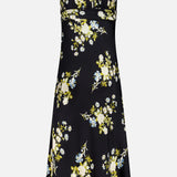 The Kieren Floral Maxi Dress by VERONICA BEARD is a sleeveless black maxi dress with thin straps, a sweetheart neckline, and a yellow, white, and blue floral print on its slightly flared skirt.