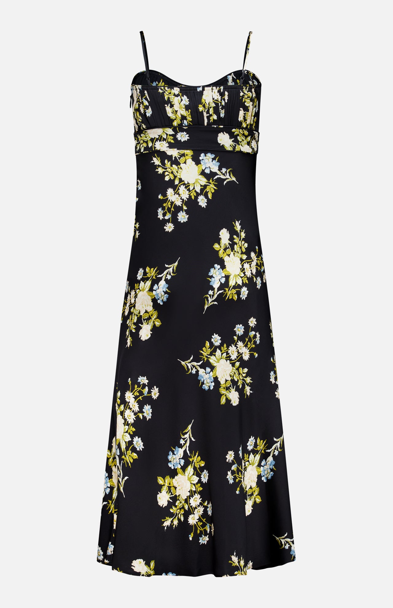 The Kieren Floral Maxi Dress by VERONICA BEARD is a sleeveless black maxi dress with thin straps, a sweetheart neckline, and a yellow, white, and blue floral print on its slightly flared skirt.